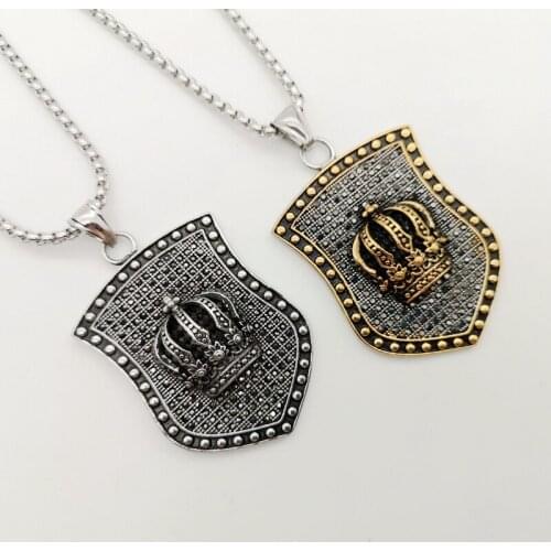 Men stainless steel hip hop cook punk necklace Bling Bling full crystals Vintage Crown Shield pendant necklace jewelry