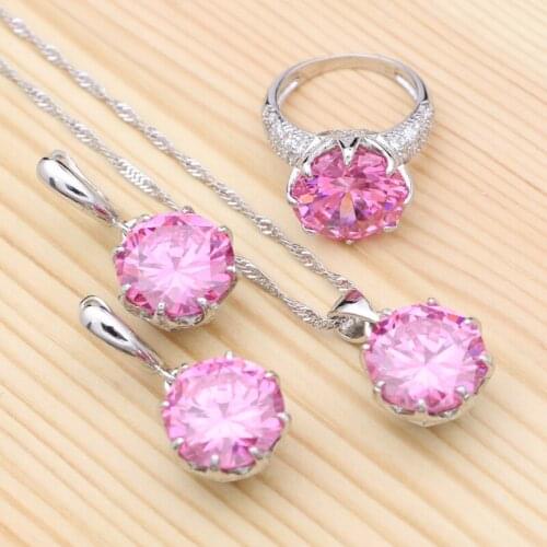 Bridal 925 Silver Jewelry Sets Wedding Accessories Pink Cubic Zirconia Pendant Necklace Ring Womens Earrings