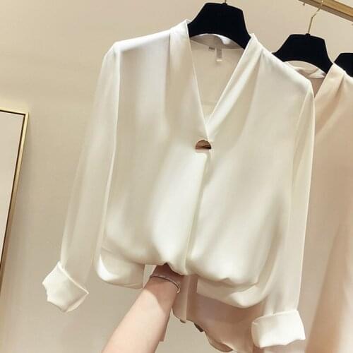 2021 Spring Autumn New White V-Collar Long Sleeve Blouses Loose Solid Color Shirt Womens Top Blusas Feminina