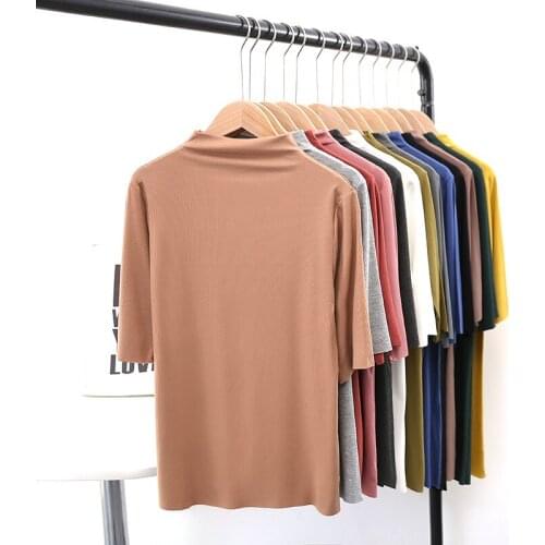 New half-high collar mid-sleeve T-shirt women loose elasticity and thinness solid color thread bottoming shirt tops summer WX11
