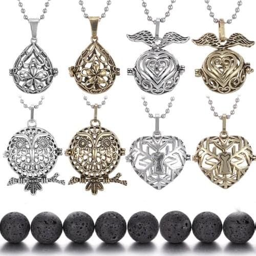 New Aromatherapy Necklace Locket Jewelry Antique Silver color Bronze Lava Stone Aroma Diffuser Necklace Locket Cage Necklaces