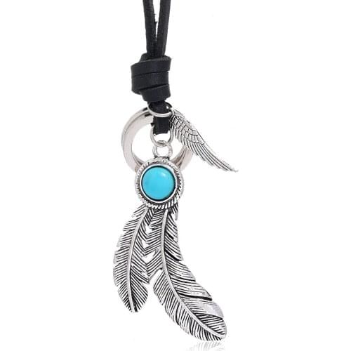 Feather Leather Necklace Pendant For Men Women Genuine Leather Rope Chain Jewelry Long Collares Handmade Small Gift