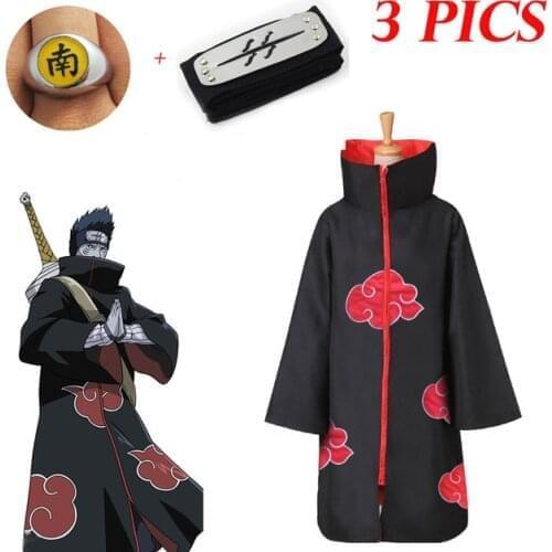 3 PCS New Fashion Anime Hoshigaki-Kisame Cosplay Black Cloak Costumes For Adult Comic Clothes Headband Kids Robe Costume