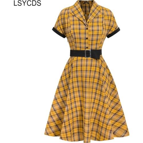LSYCDS Retro 50s 60s Dresses Turn-down Collar Yellow Plaid Women Vintage Style Rockabilly Dress Belted Ladies A Line Dresses