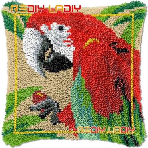 Latch Hook Cushion Red Macaw DIY Needlepoint Kits Chunky Acrylic Yarn Arts Crocheting Lofty Pillow Case Hobby & Crafts