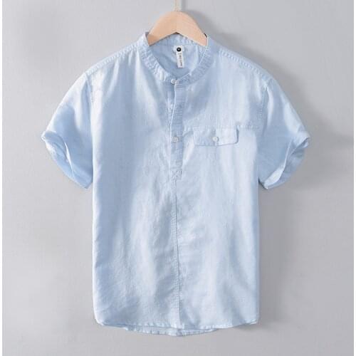 Summer new cotton and linen stand collar blue shirts men trendy comfortable shirt for men chemise camisa tops mens clothes