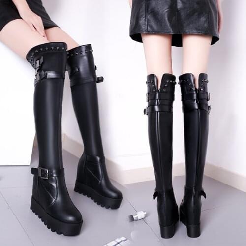 Autumn Winter Chunky Platform Rivet Long Boots Women Fashion PU Leather Over The Knee Boots Female Height Increasing Botas Mujer