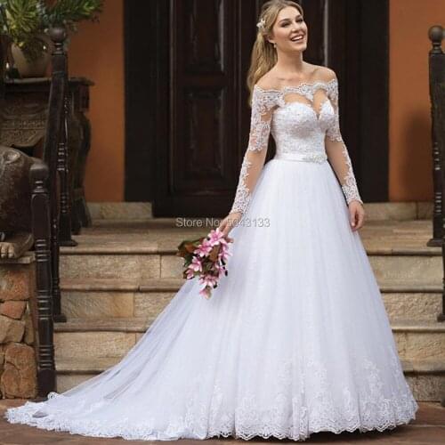 Sequin Two Pieces A Line Wedding Dresses 2021 Sexy Off the Shoulder Lace Applique Long Sleeves Formal Bridal Gowns Beaded Sash