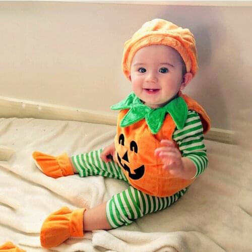 Halloween Newborn Baby Romper Print Halloween Toddler Baby Kids Girls Demon Pumpkin Romper+Cap+Shoes Outfits Set Suit 6M-3T