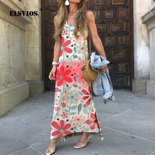 Spring Dress V Neck Spaghetti Strap Sleeveless Loose Irregular Long Dress Summer Floral Print Tie-dye Beach Party Dresses Vestid