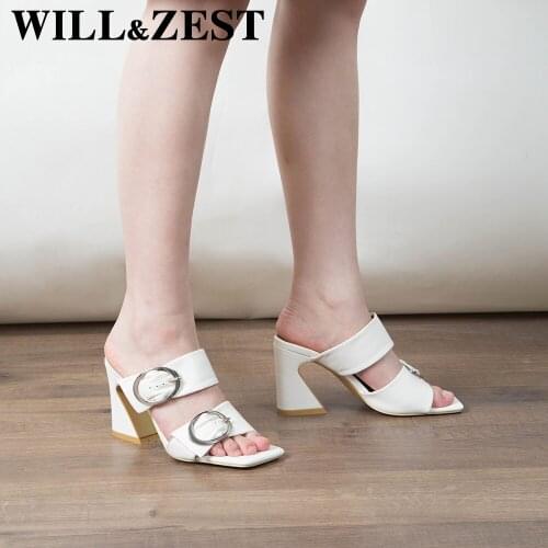 WILL&ZEST Sandals for Women Chunky Heels Square Toe Slippers Wedges Luxury Metal Ring Summer Gladiator Female Shoes Block Shoes