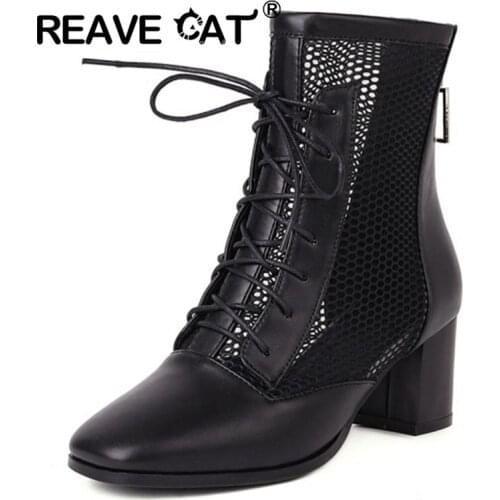 REAVE CAT 2021 Fashion Lace Up Ankle Zipper Boots PU Mesh Female Summer Round Toe 6cm Square High Heels Size 33-43 Black White