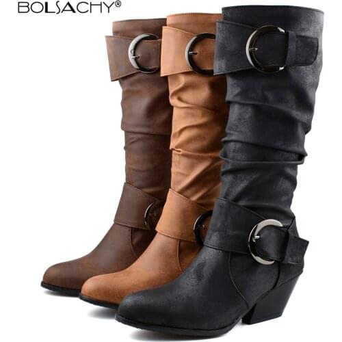New High Heels Boots Women Buckle Pleated Knee High Boots Female Shoes For Ladies 2021 Femme West Cowboy Bottines Yellow Brown