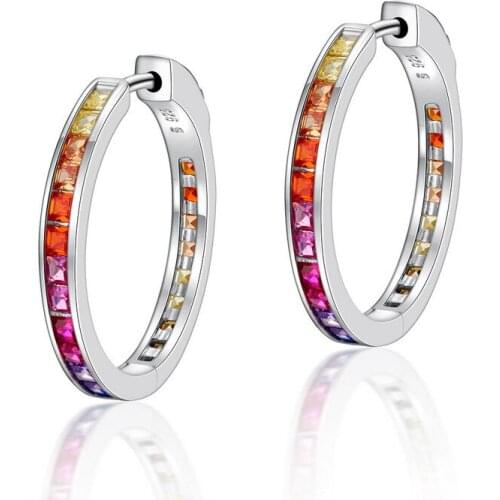 Trendy 925 Sterling Silver Full Colorful Cubic Zirconia Hoop Earrings for Women Fine S925 Jewelry White Gold Rainbow Earrings