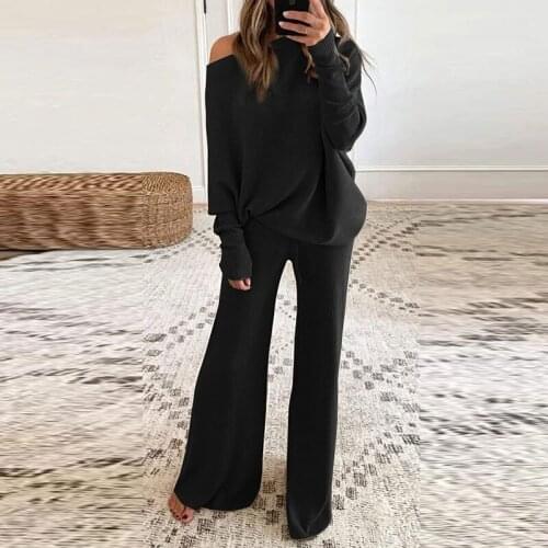 Elegant Women Solid Color O-Neck 2Pcs Set Casual Lady Full Sleeve Pullover Top Wide Leg Pants Suits Autumn Loose Femme Homewear