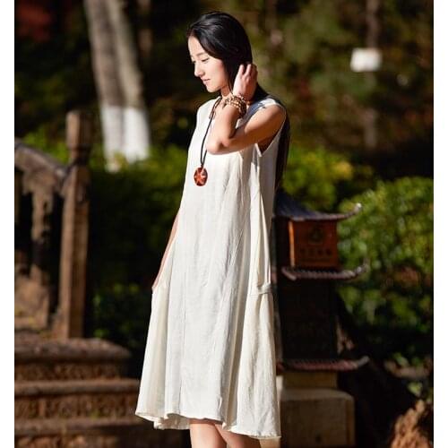2016 Women Spring And Summer Linen Dress Round neck Button Sleeveless Dresses Sundress Tank Dress Vest Loose Pockets dresses