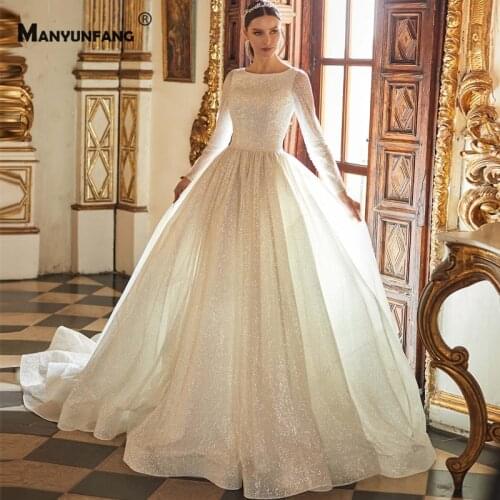 Custom Made Full Sleeve Shiny Chapel Train Bridal Ball Gown Elegant Zipper Back O-Neck Wedding Dress for Women Robe De Mariage