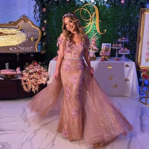 Shiny Mermaid Evening Dresses With Detachable Train Off The Shoulder Aso Ebi Celebrity Prom Dress Appliques robes de soirée