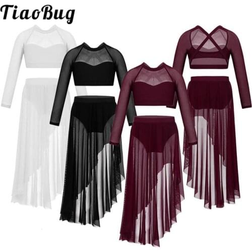 TiaoBug Kids Teens Tulle Lyrical Dance Costumes Set Long Sleeve Crop Top with Ballet Tutu Skirt Gymnastics Shorts Tops Dancewear
