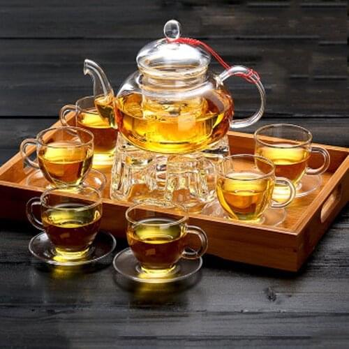 All Ready Elegant Glass Tea Set Borosilicate Glass Teapot With Cups Bamboo Tea Tray Tea SetKettle Warmer Glass Teapot Giftset