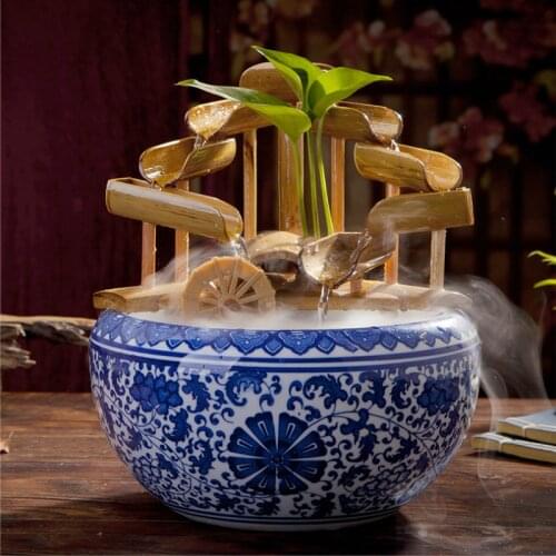Handmade Ceramic Water Fountain Decoration Wheel Bamboo Creative Water Car Tank Home Living Room Office Desk Panel Decoration