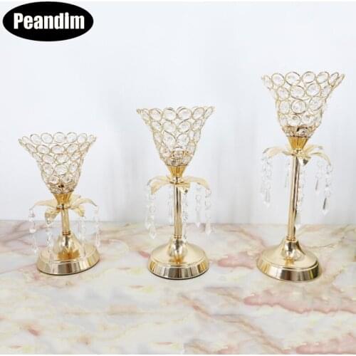 PEANDIM Creative Gold Crystal Candlestick Wedding Decoration Table Centerpieces Candelabra Birthday Party Flower Vase Home Decor