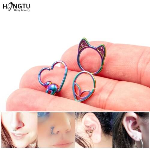 HONGTU Brass Minimalist Septum Rings hoop Aliens Cat Elephant Ear Daith Cartilage Tragus Septum Piercings body jewelry gifts 18G