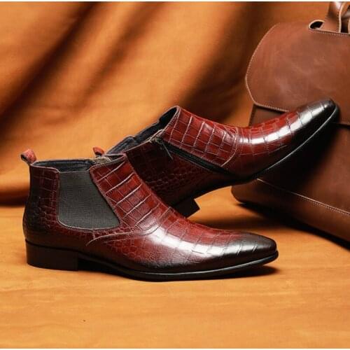 Luxury Men Ankle Boots High Grade handmade Genuine Leather Shoes Men Dress Boots Crocodile Pattern Brown Casual Shoes Boots Men