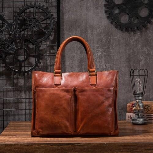 Vegetable Tanned Leather Briefcase Men Handbag Retro Casual Mens Laptop Bag Leather Mens Business Portable Briefcase Original