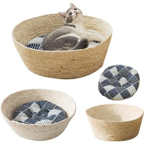 Soft Cat Bed Rattan Four-Season Universal Cat Bed Summer Cool Nest Pet Cat Supplies Cattail Handwoven House Nest Pet Products