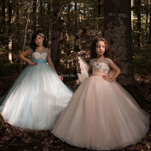 New Hot Girls Tulle Beading O-neck Cap Sleeves Ball Gowns Flower Girl Dresses Princess Birthdays Party Wedding Gowns