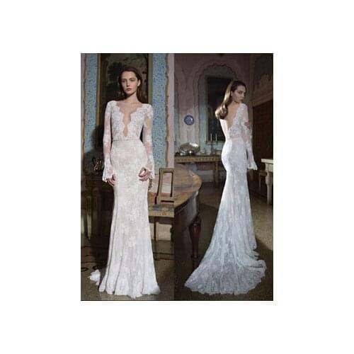 2015 bride Dresses sexy Mermaid Deep V-neck Long Sleeves Custom Made Backless Vintage Wedding Dress With Lace Appliques
