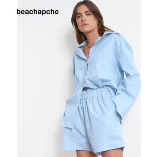 Beachapche 2021 Spring Summer Cotton Casual Suits Women Long Sleeve Shirt Blue Home Wear Tops Female White Shorts Two Piece Sets