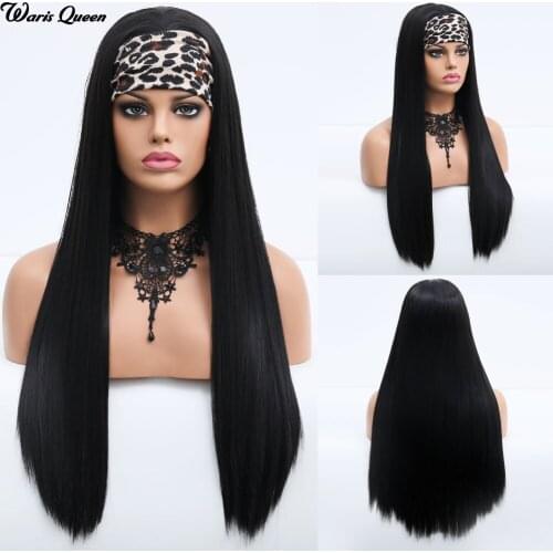 Leopard Headband Womens Long Black Straight Headwraps Natural Afro Synthetic Wig for Black Women Fake Hair Heat Resistant Wigs
