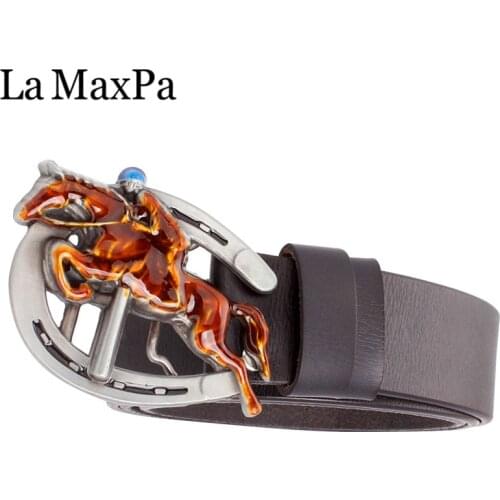 Novelty male belt horse racing Equestrian sport metal buckle riding horse men cow skin leather belt Horseshoe 5 colors