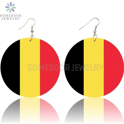 SOMESOOR Love Belgium National Flag Printed Wooden Drop Earrings Black Yellow Red Colors European Union Country For Women Gifts