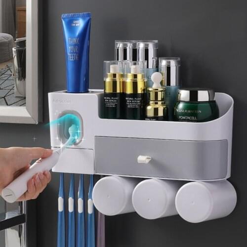 Integrated Double Drawer Toothbrush Holder with Cup Automatic Toothpaste Squeezer Wall-Mounted Dustproof Toiletry Supplies Shelf