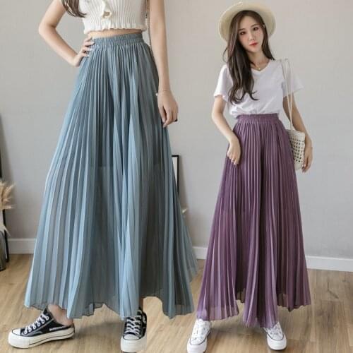 Womens pants Summer New Loose High Waist Straight Cropped Skirt pants Casual Chiffon Pleated Wide leg pants Ladies Trousers A4