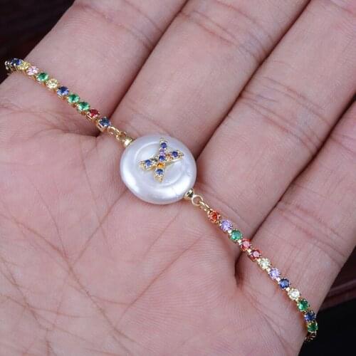 Colorful cz initial 26 alphabet letter name charm coin freshwater pearl bead dainty wedding birthday link bracelets for women