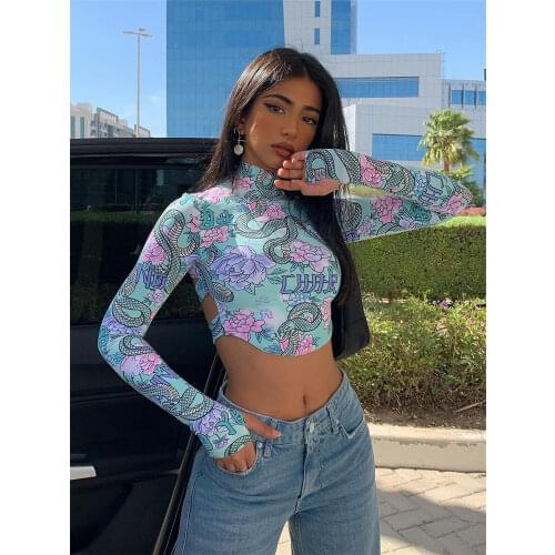 Tossy Skinny Backless Floral Crop Top Women Fashion Printed Short Tee Vintage High Streetwear Bodycon Turtleneck Tshirts Summer