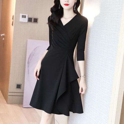 S-2xl Summer Vintage Black Elegant Three Sleeve Types Frills Ruffle Patchwork V-neck Plus Size Retro Cocktail Dresses 4540