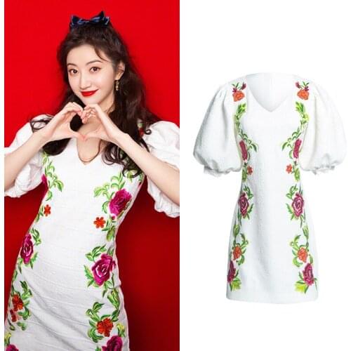 High Quality Vintage Dress Women Summer Dress 2020 New V Neck Puff Sleeve Floral Embroidery Jacquard Slim A Line White Dresses