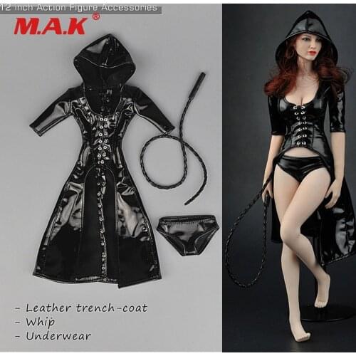 ZY5018 1:6 Sexy Female Black Leather Clothes Set Hooded Leather Coat & Underpants & Whip Set for 12'' Action Figure Body
