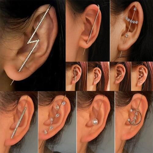1 Pc New Ear Needle Wrap Crawler Hook Earrings for Women Surround Auricle Diagonal Stud Copper Inlaid Zircon Piercing Earrings