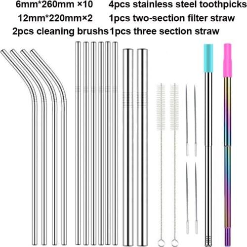 14Pcs 304 Reusable Metal Drinking Straws Stainless Steel Sturdy Bent Straight Colorful Straw with Cleaning Brush and Toothpick