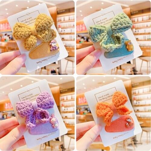 2 Pcs/Set Children Cute Colors Cartoon Knitting Bow Ornament Hair Clips Girls Lovely Barrettes Hairpins Kids Hair Accessories