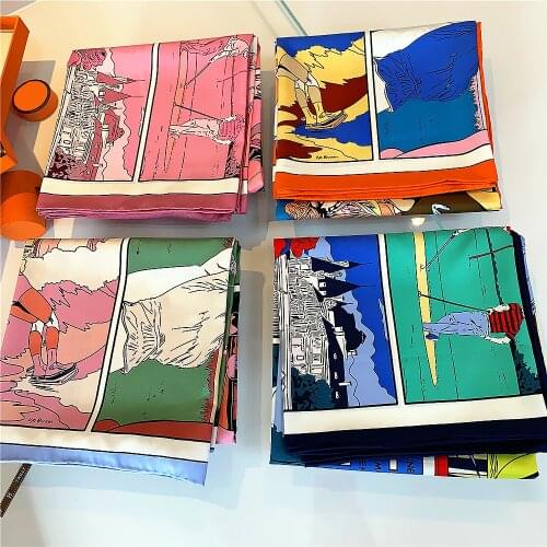 90cm Brand Hijab Scarf Women Bandana Handmade Curled Twill Silk Square Scarf "The Sports" Foulard Head Scarves