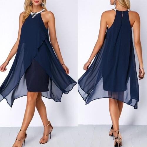 European Style Women Summer Casual Solid Spaghetti Strap Asymmetrical Party Fashion Sexy Sleeveless Gauze Patchwork Dress