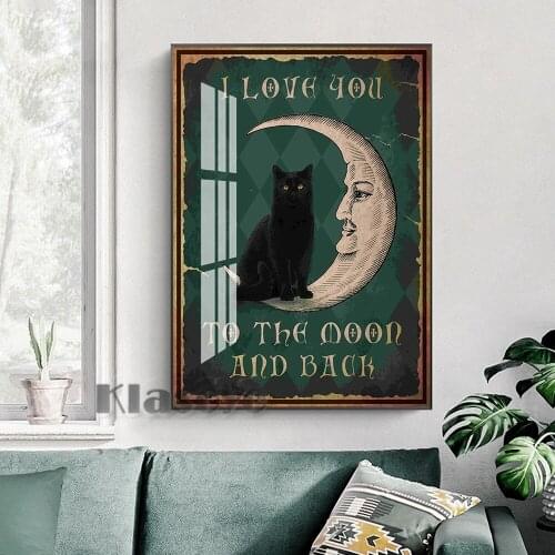 Renaissance Animal Painting Funny Black Cat Prints Poster Moon Illustration Canvas Wall Art Home Room Decor Painting Weird Gift