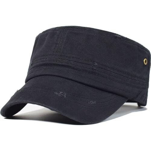 Military Caps Men Solid Cotton Vintage Flat Top Cap Distressed Hat Classic Adjustable Cadet Army Caps
